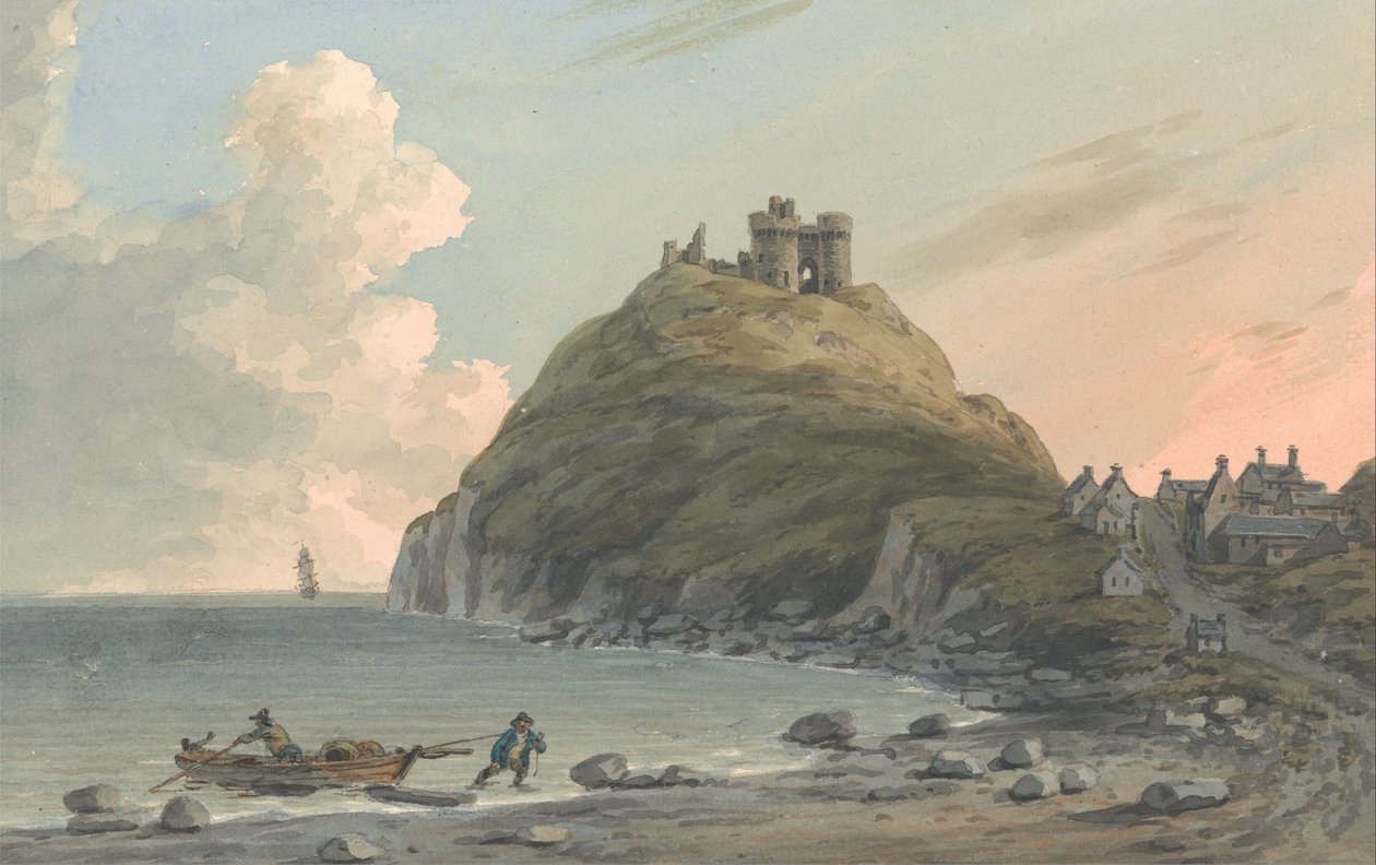 Ruïnes van Cricceith Castle en een deel van de stad aan de baai van Cardigan. Oostelijk uitzicht, Carnarvonshire. door John Warwick Smith