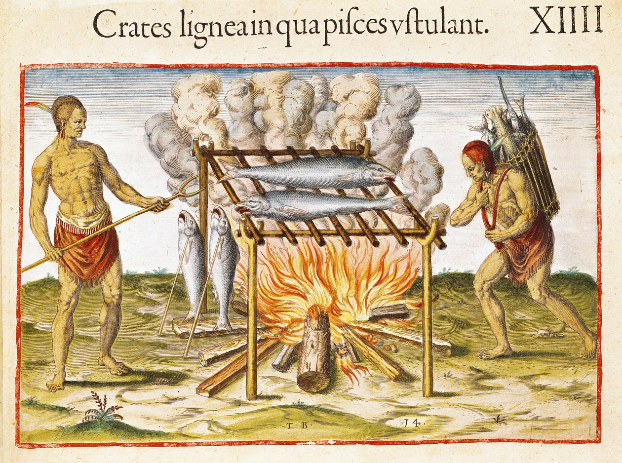 Vis koken, uit Admiranda Narratio..., gegraveerd door Theodore de Bry (1528-98) door John White