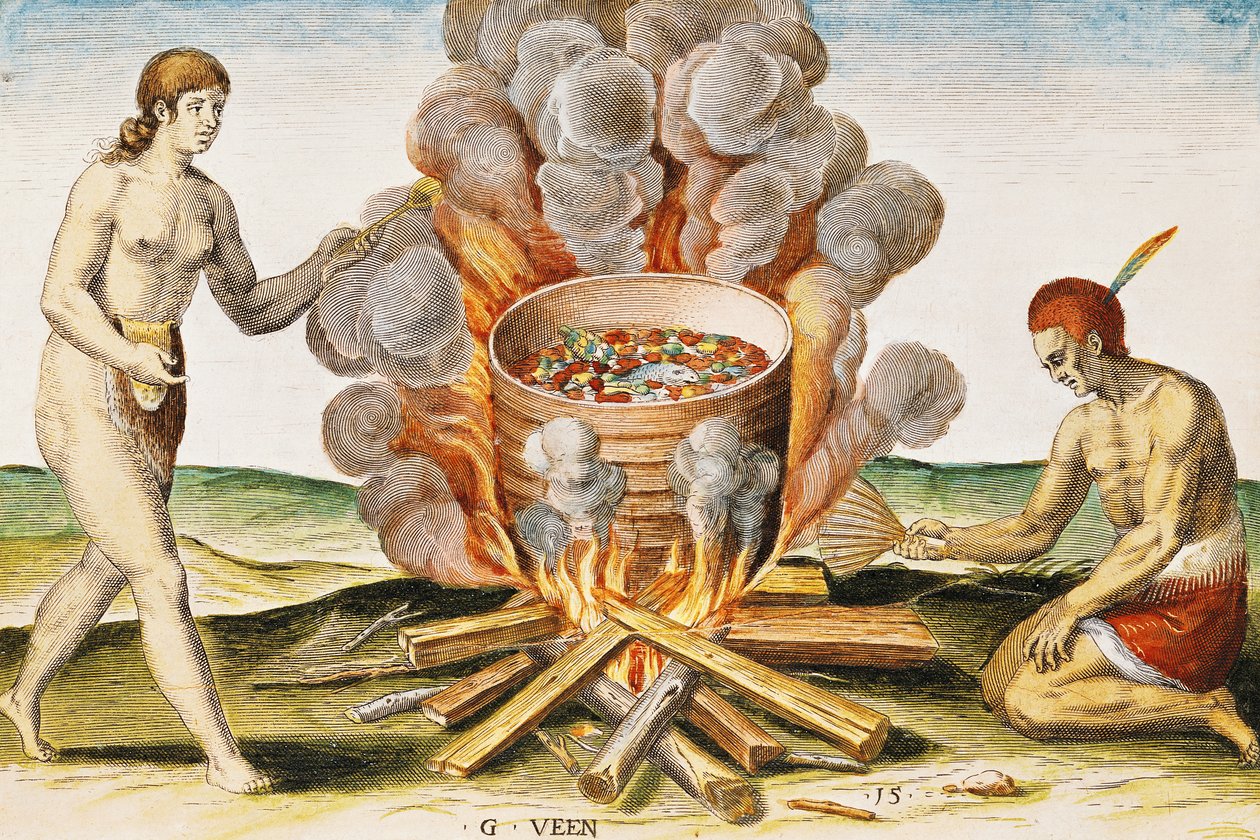 Eten koken in een terracotta pot, uit 