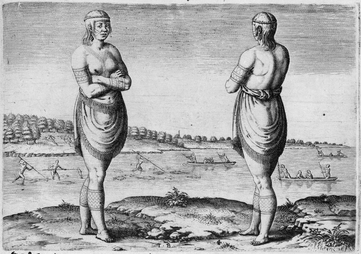 Indiaanse vrouw van Secoton, gegraveerd door Theodor de Bry (1528-1598) door John White