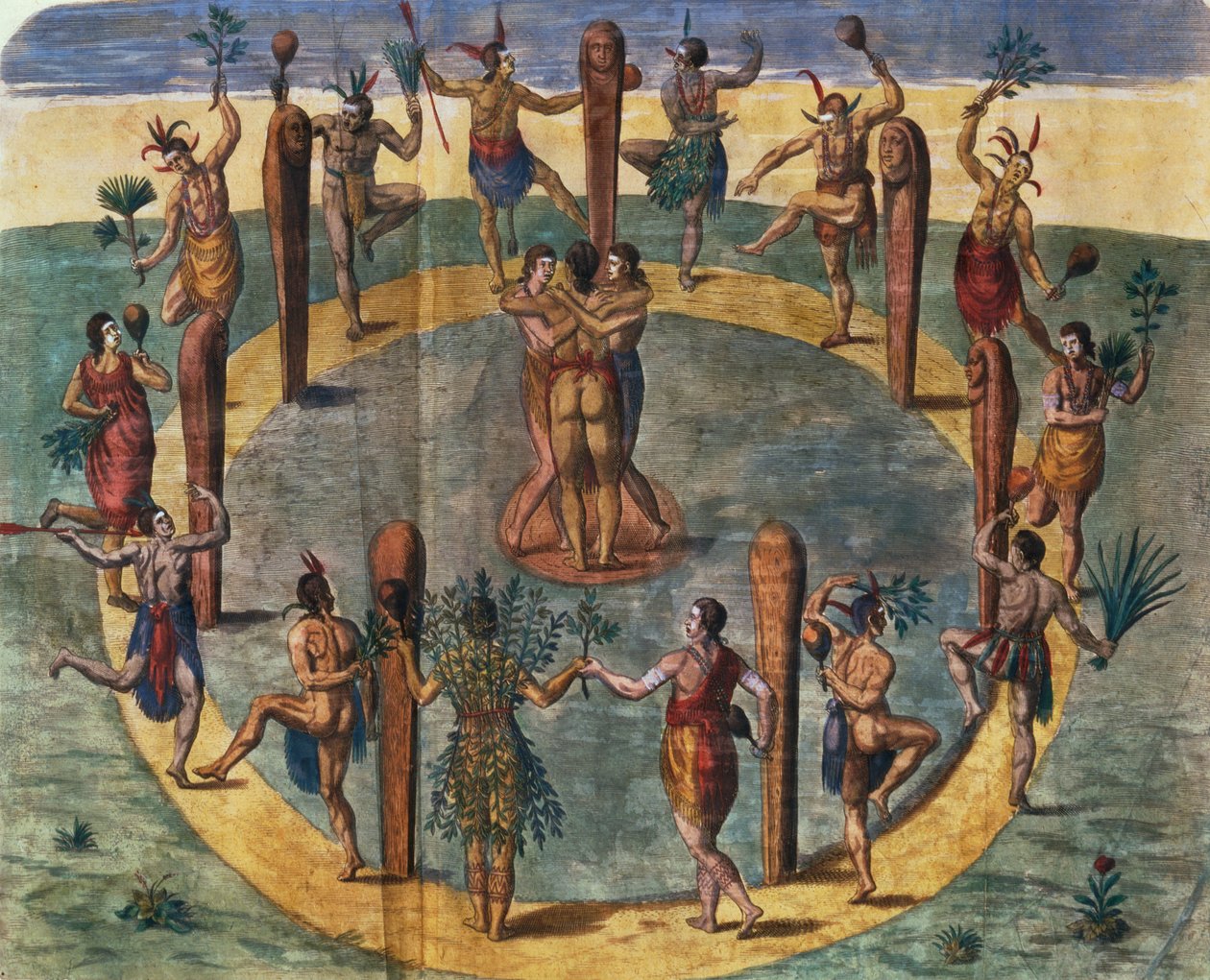 Indiase rituele dans uit het dorp Secoton, boekillustratie, c.1570-80 door John White