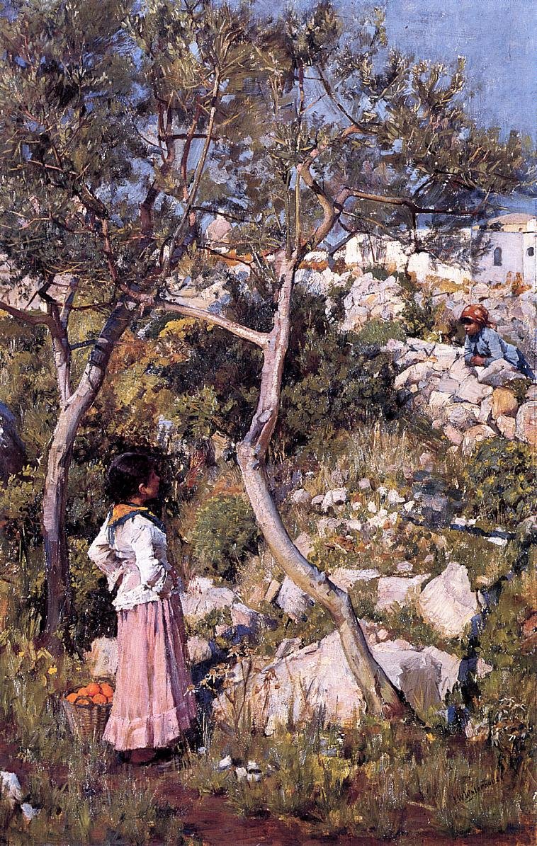 Twee Kleine Italiaanse Meisjes bij een Dorp door John William Waterhouse