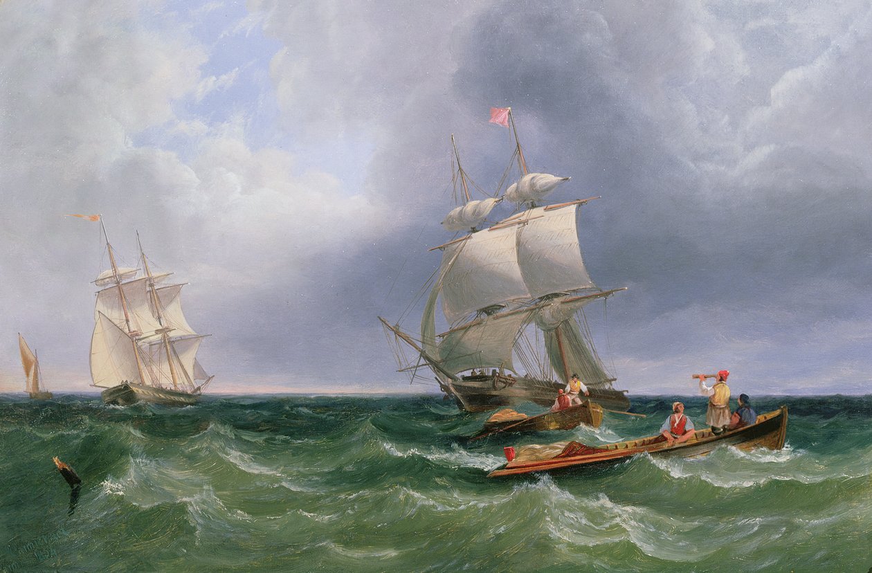 Oeverpartijen ontschepen, brikken in een deining daarbuiten door John Wilson Carmichael