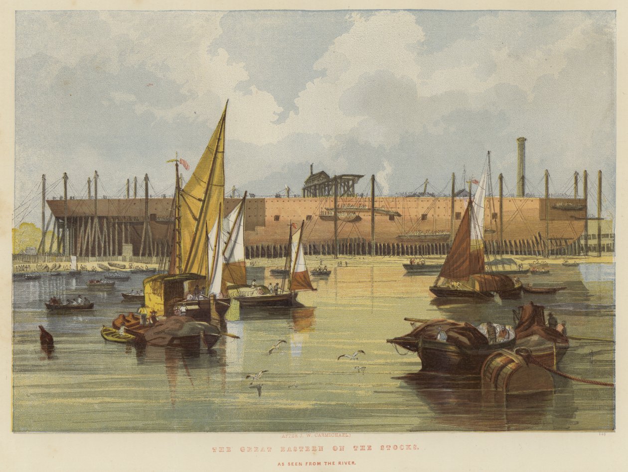 De Great Eastern op de stocks, gezien vanaf de rivier door John Wilson Carmichael