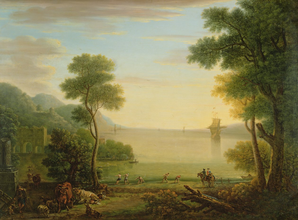 Klassiek landschap met figuren en dieren, Zonsondergang, 1754 door John Wootton