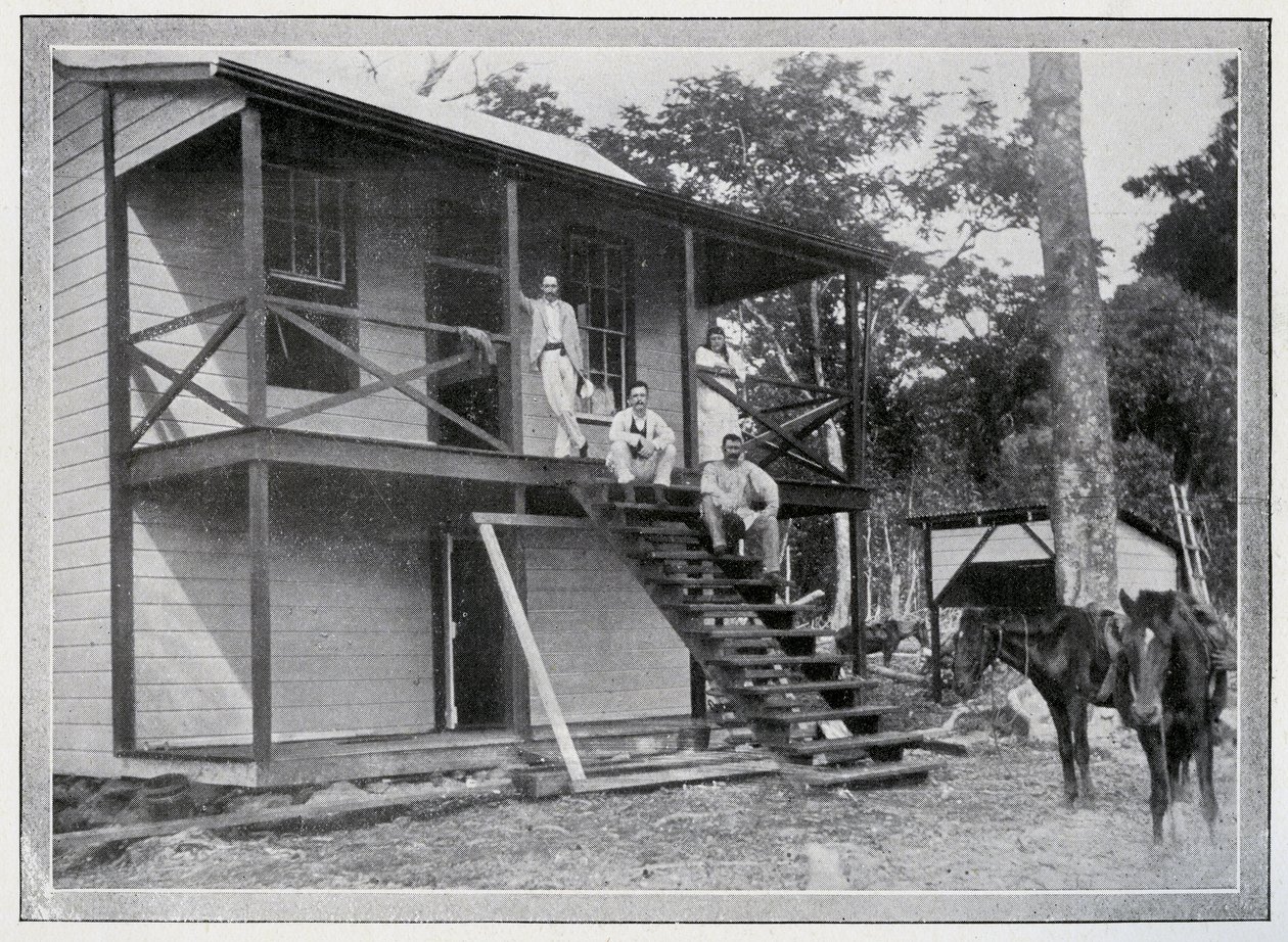 Robert Louis Stevenson en zijn vrouw, Fanny, op de veranda van hun huis in Vailima, Samoa, c. 1892 door John of Apia Davis