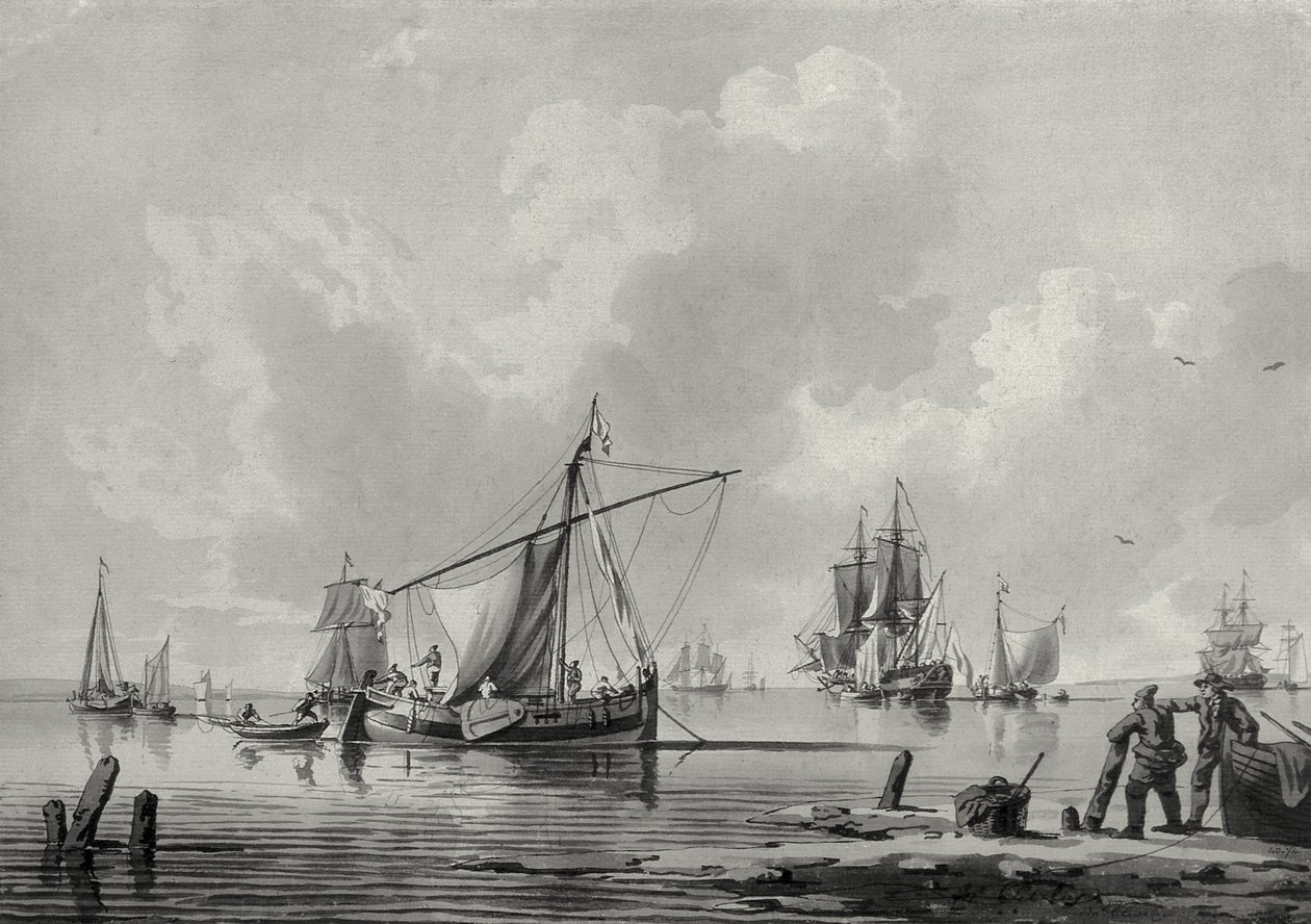 Rivier met scheepvaart door John the Younger Cleveley