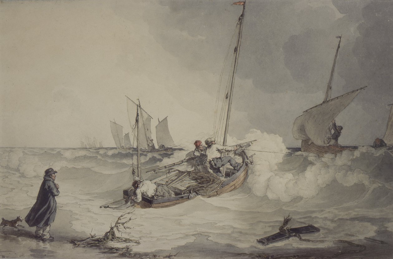 Vissersboten Gaan uit, aquarel door John Augustus Atkinson