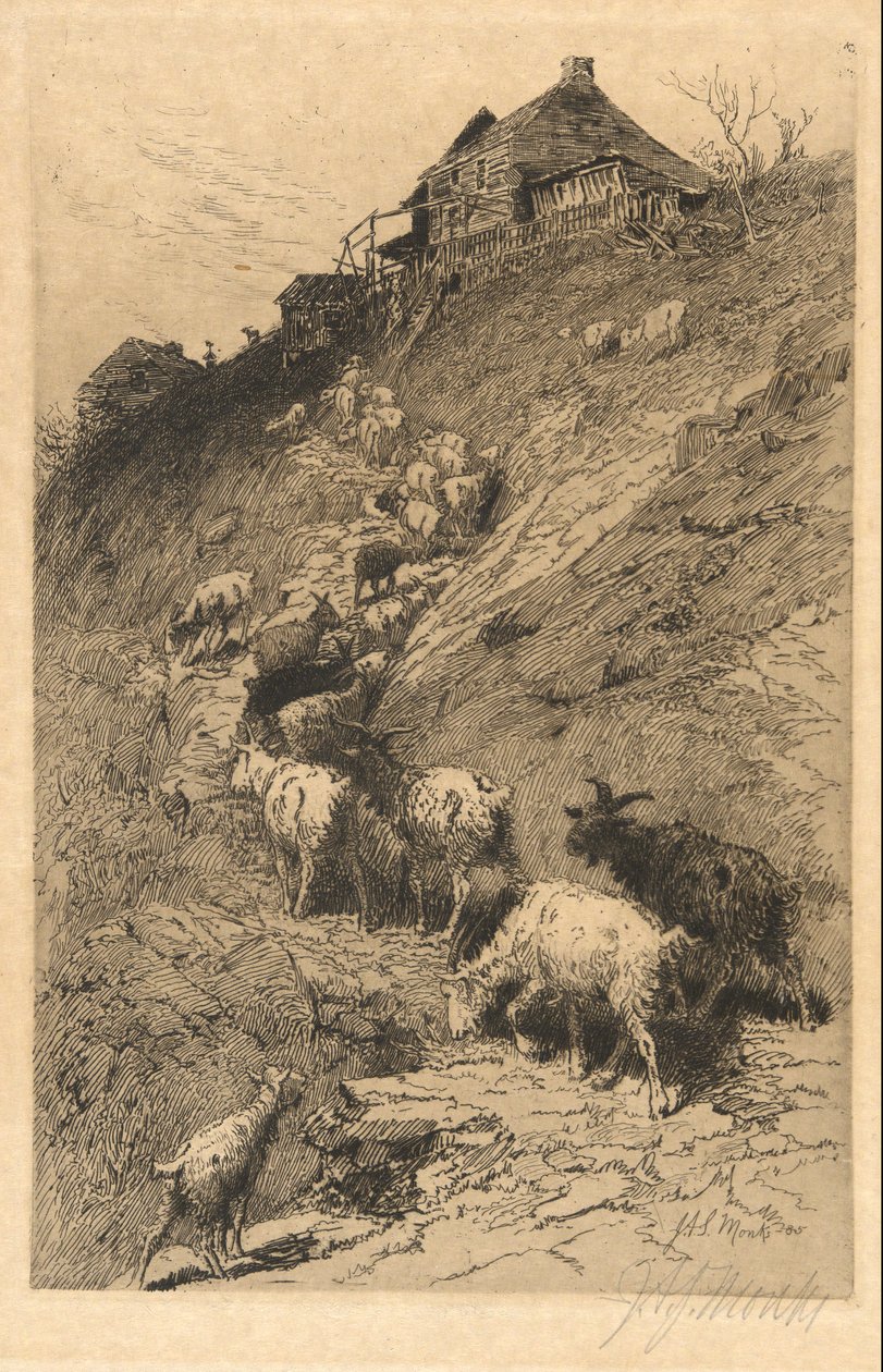 Naamloos landschap met geiten door John Austin Sands Monks