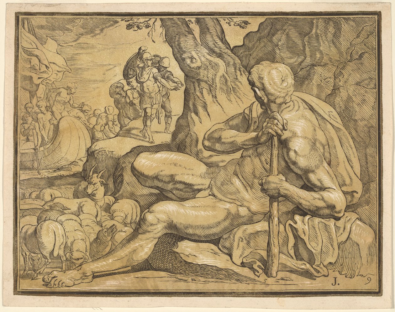 Ulysses en Polyphemus door John Baptist Jackson, after Francesco Primaticcio
