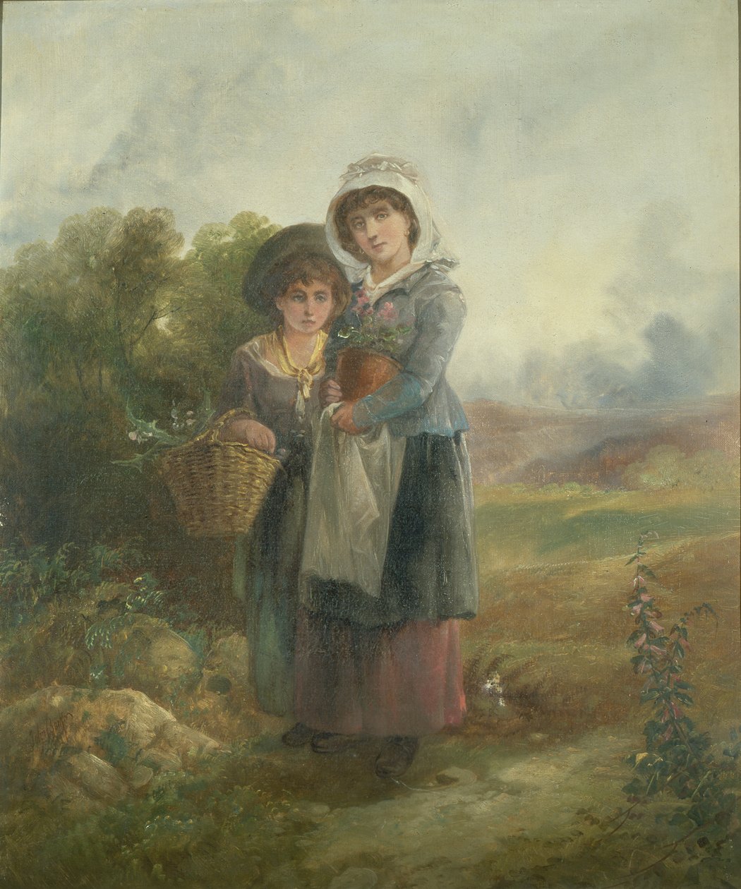 Twee plattelandsmeisjes met bloemen door John Barkin