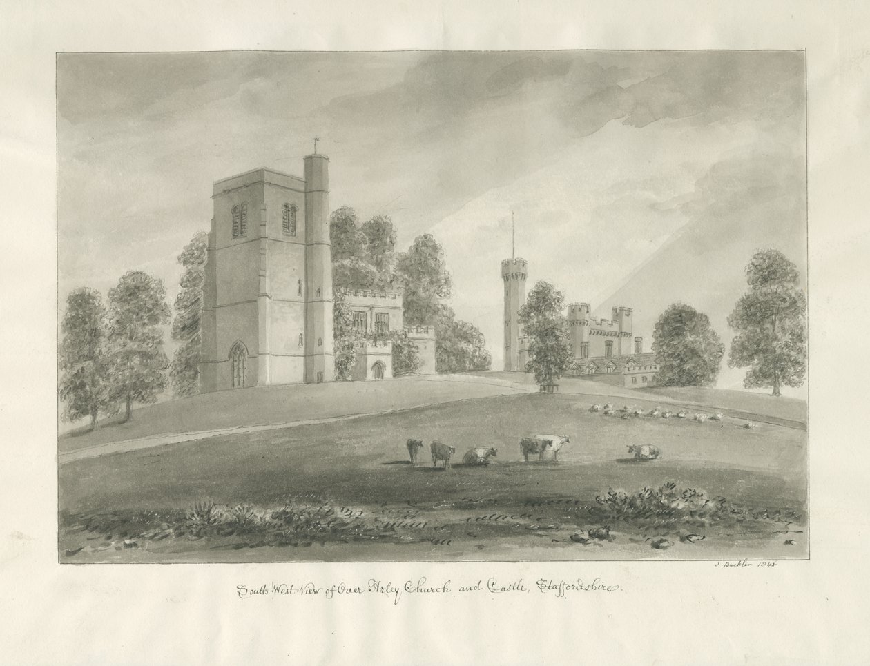 Arley Kerk en Kasteel: sepia tekening door John Buckler
