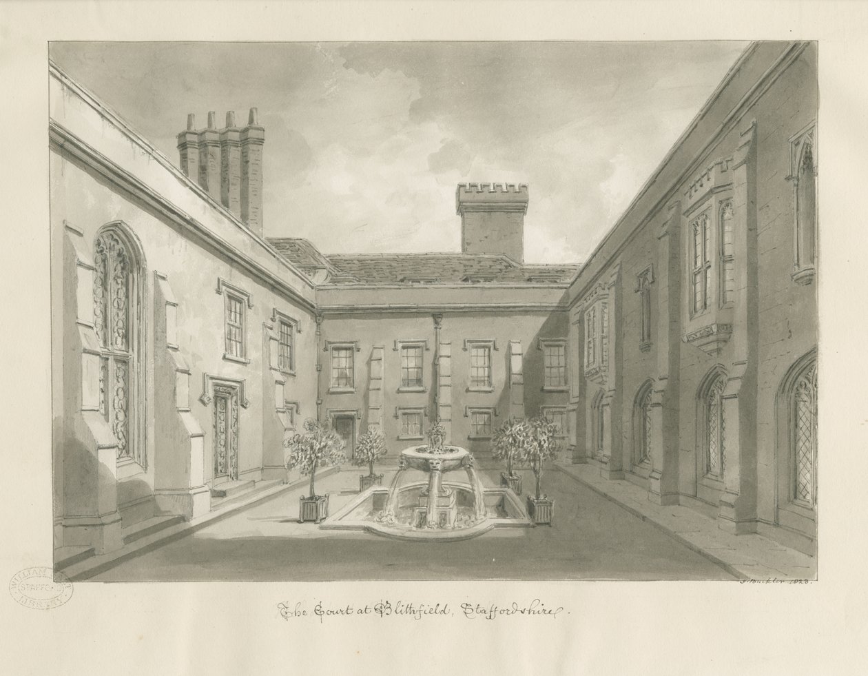 Blithfield Hall - Binnenplaats: sepia tekening door John Buckler