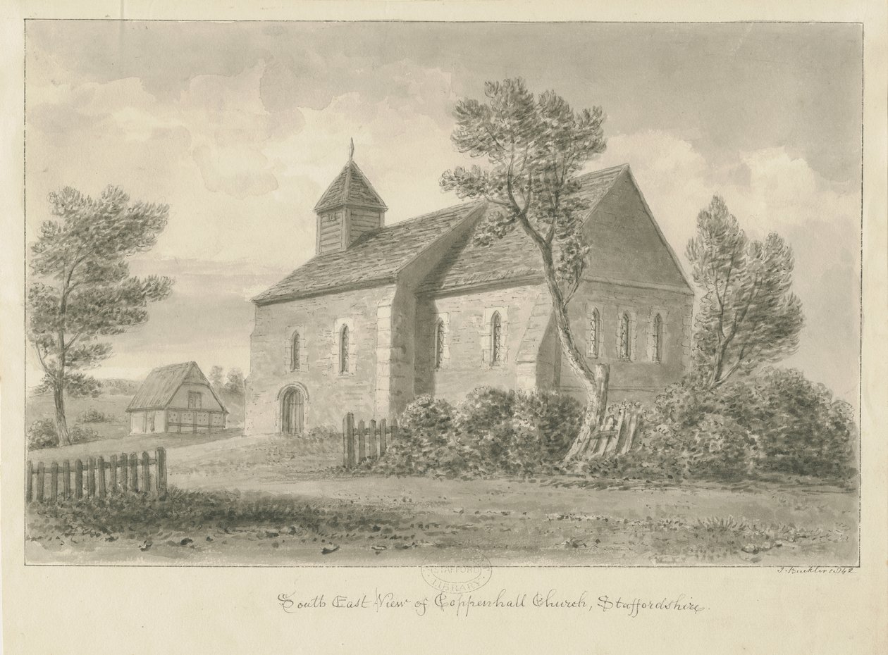 Coppenhall Kerk: sepia tekening door John Buckler