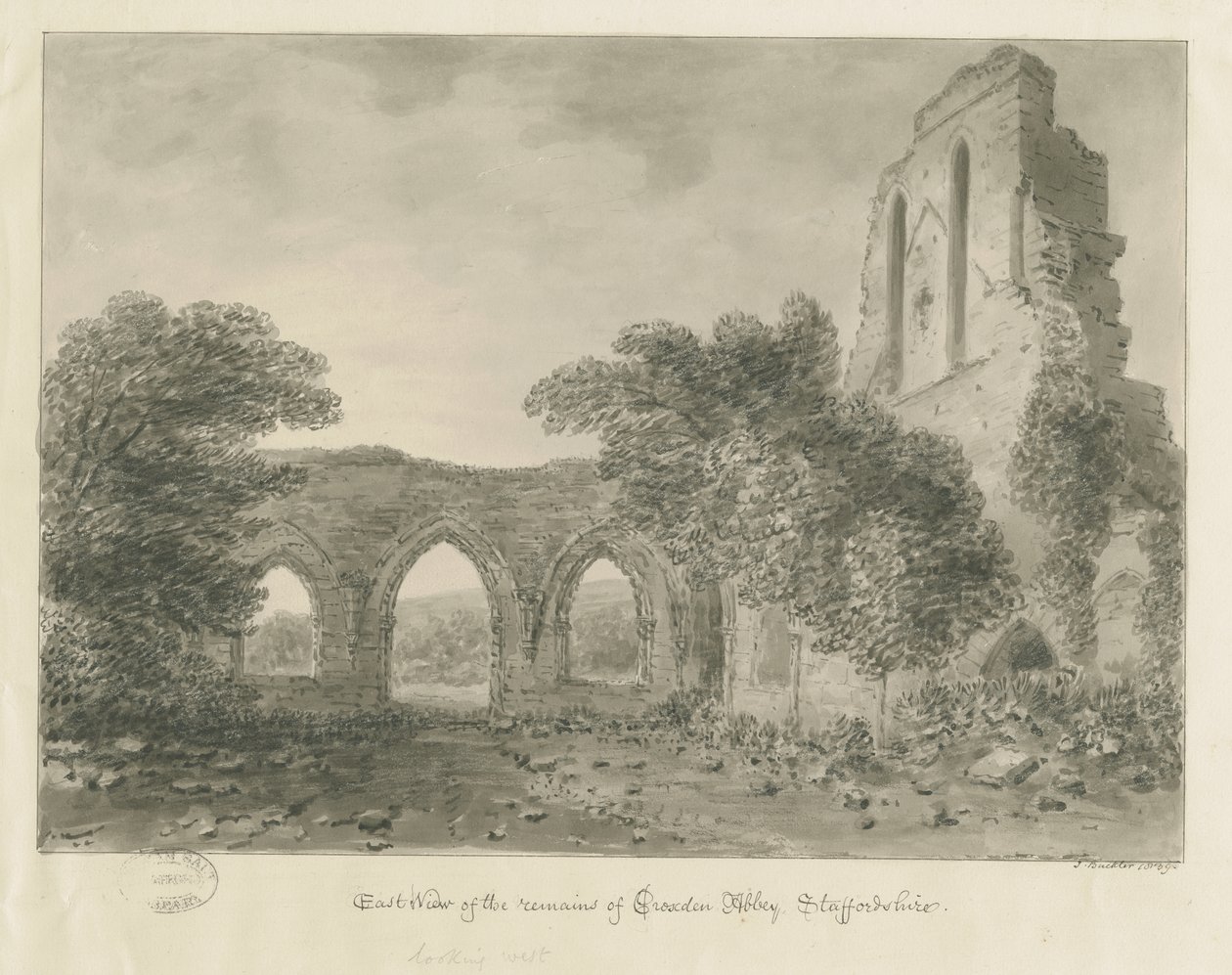 Croxden Abbey: sepia tekening door John Buckler