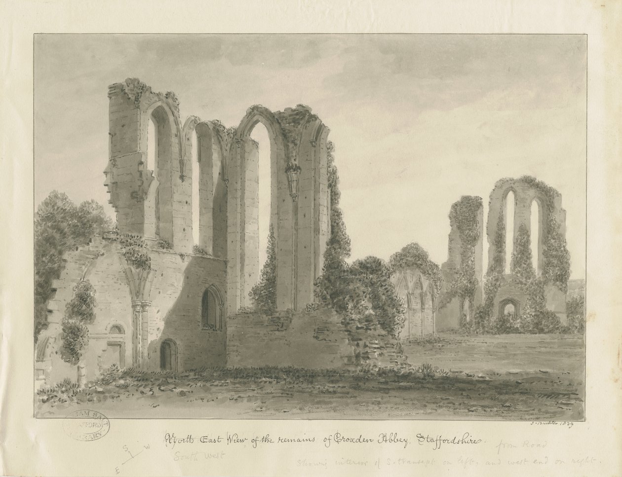Croxden Abbey: sepia tekening door John Buckler