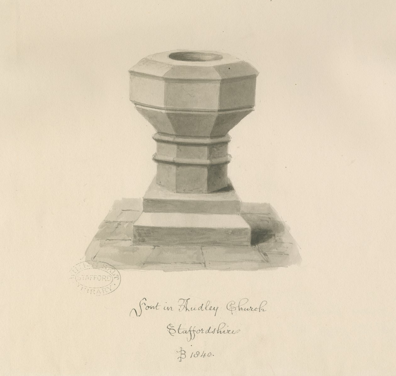Doopvont in Audley Kerk: sepia tekening, 1840 door John Buckler