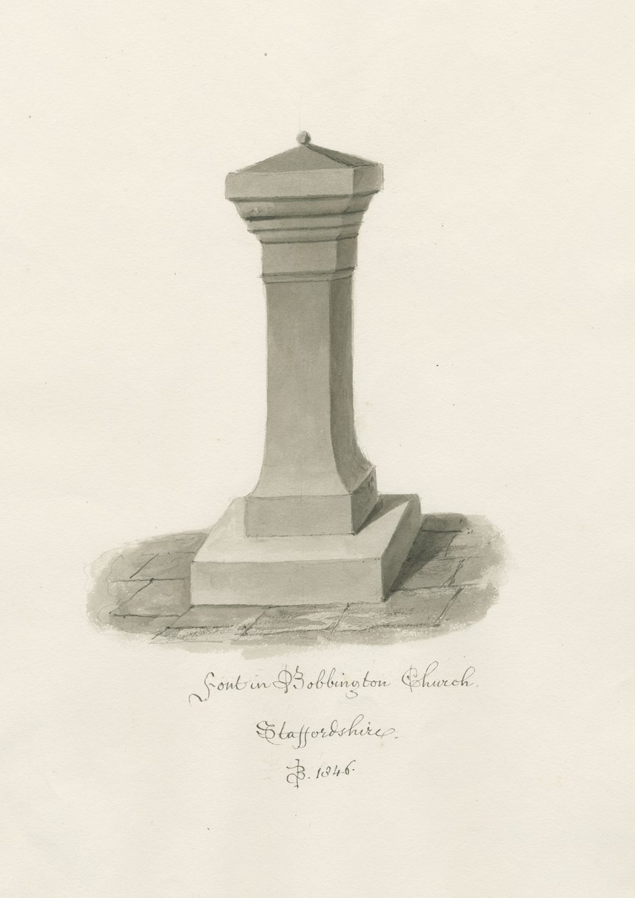 Doopvont in Bobbington Kerk: sepia tekening door John Buckler