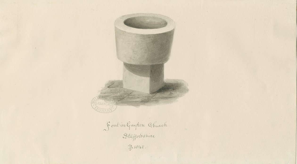 Doopvont in Gayton Kerk: sepia tekening door John Buckler