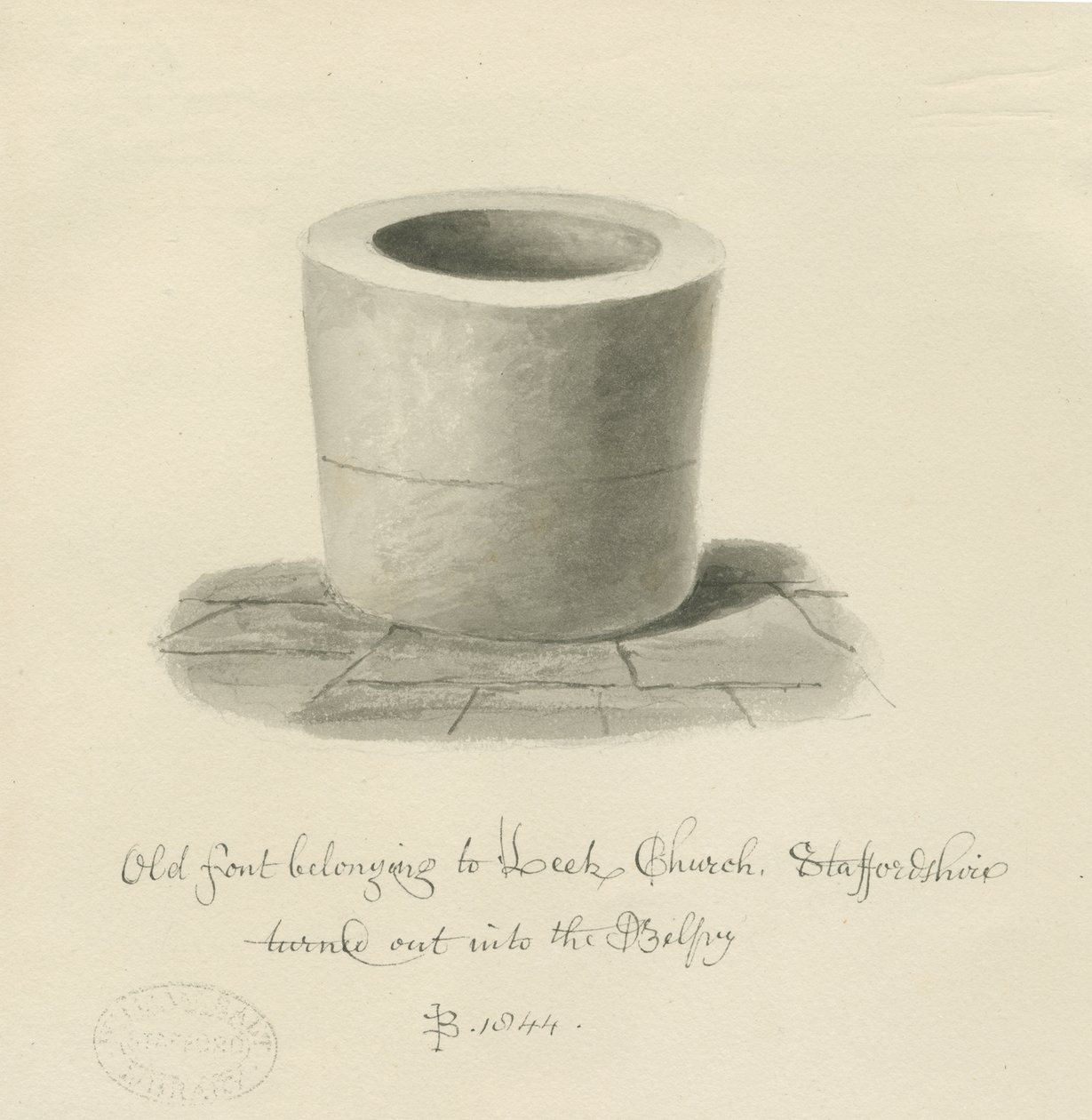Doopvont in Leek Church: sepia tekening door John Buckler