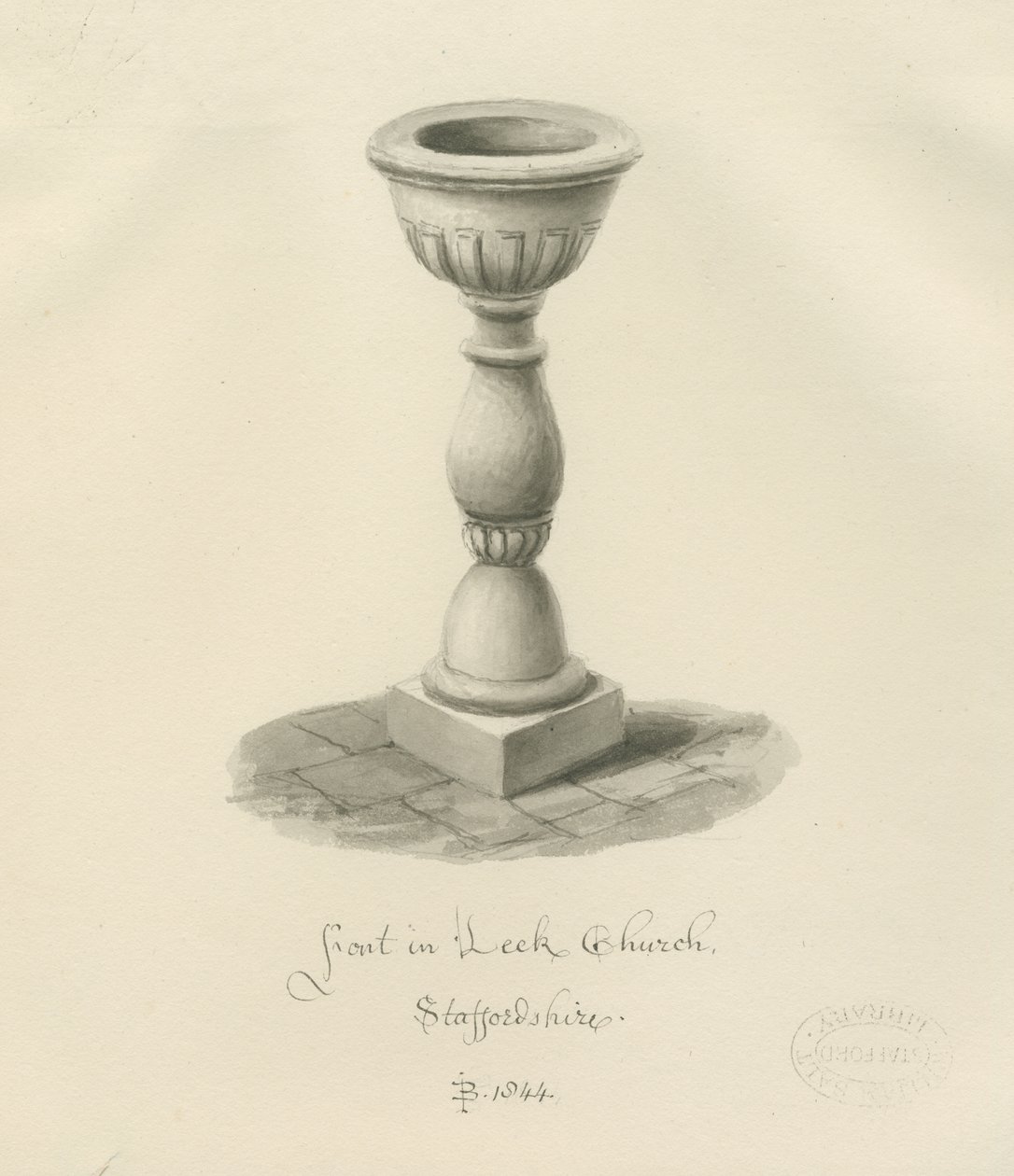 Doopvont in Leek Kerk: sepia tekening, 1844 door John Buckler