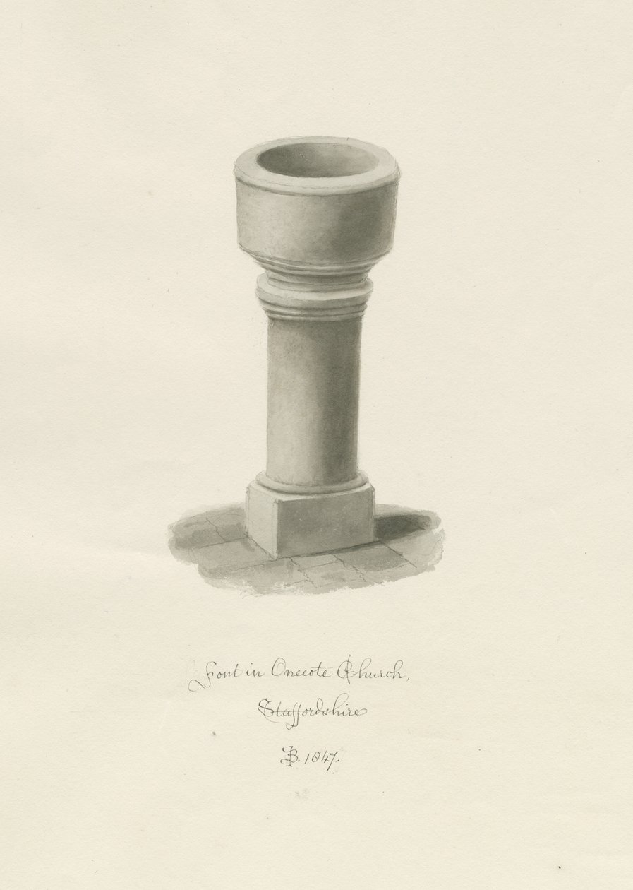 Fontein in Onecote Kerk: sepia tekening, 1847 door John Buckler