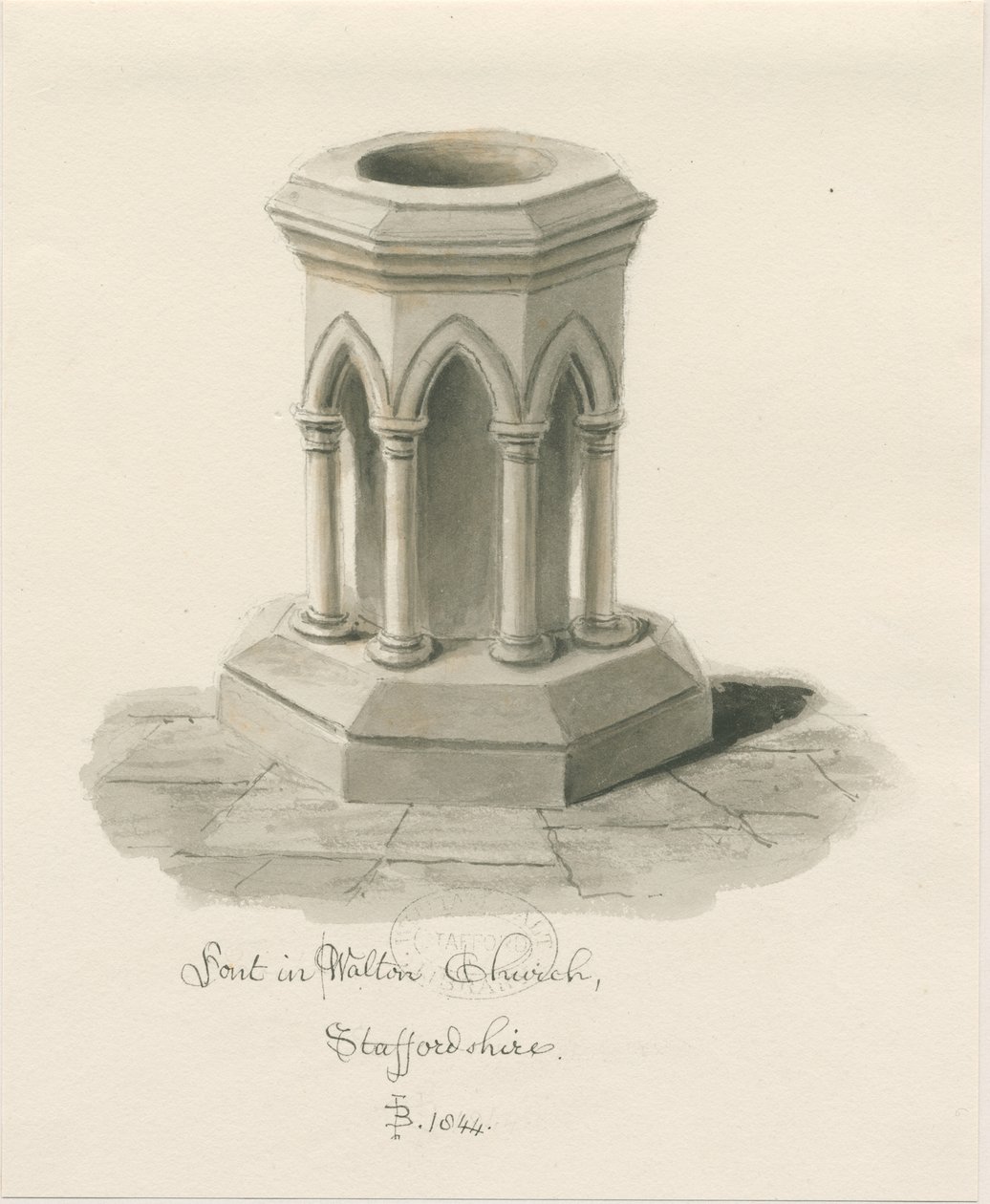 Doopvont in Walton-on-the-Hill Kerk: sepia wassing tekening door John Buckler
