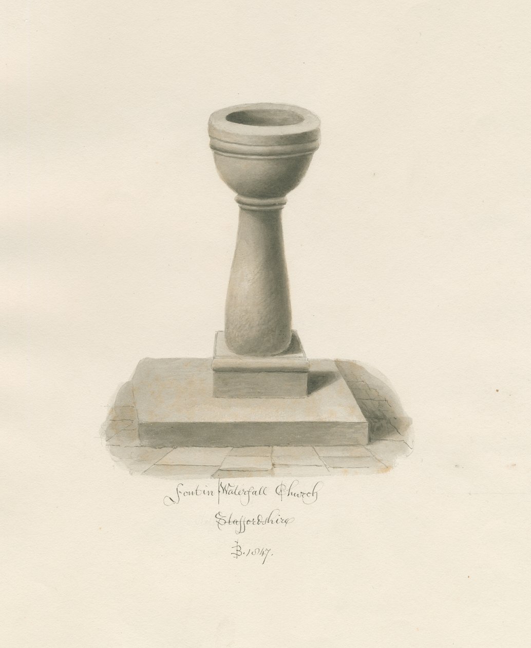 Doopvont in Waterfall Kerk: sepia tekening door John Buckler