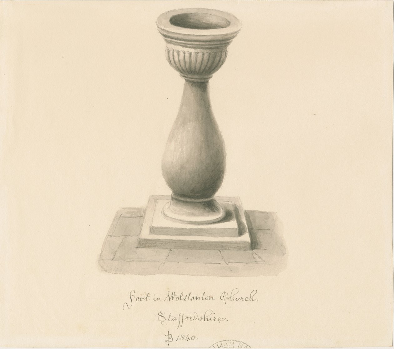 Doopvont in Wolstanton Kerk: sepia tekening door John Buckler