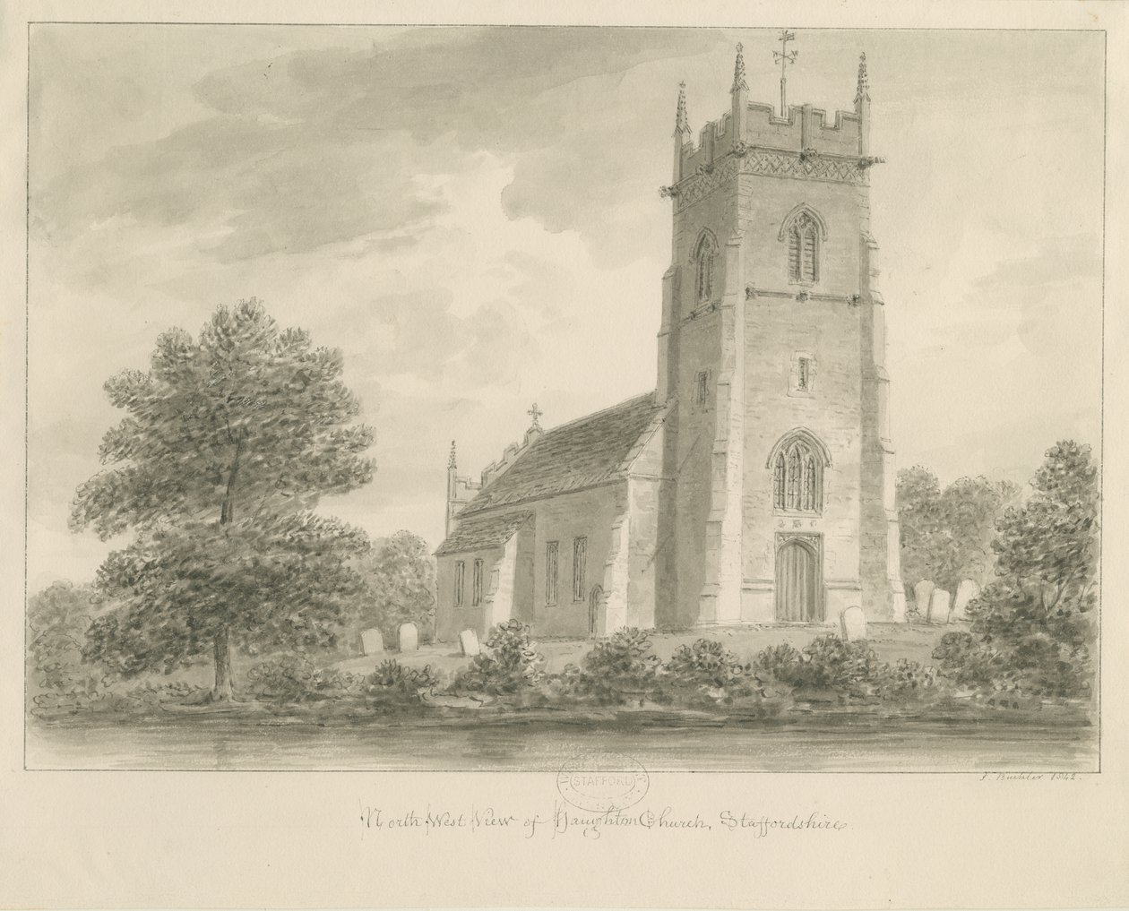 Haughton Kerk: sepia tekening door John Buckler