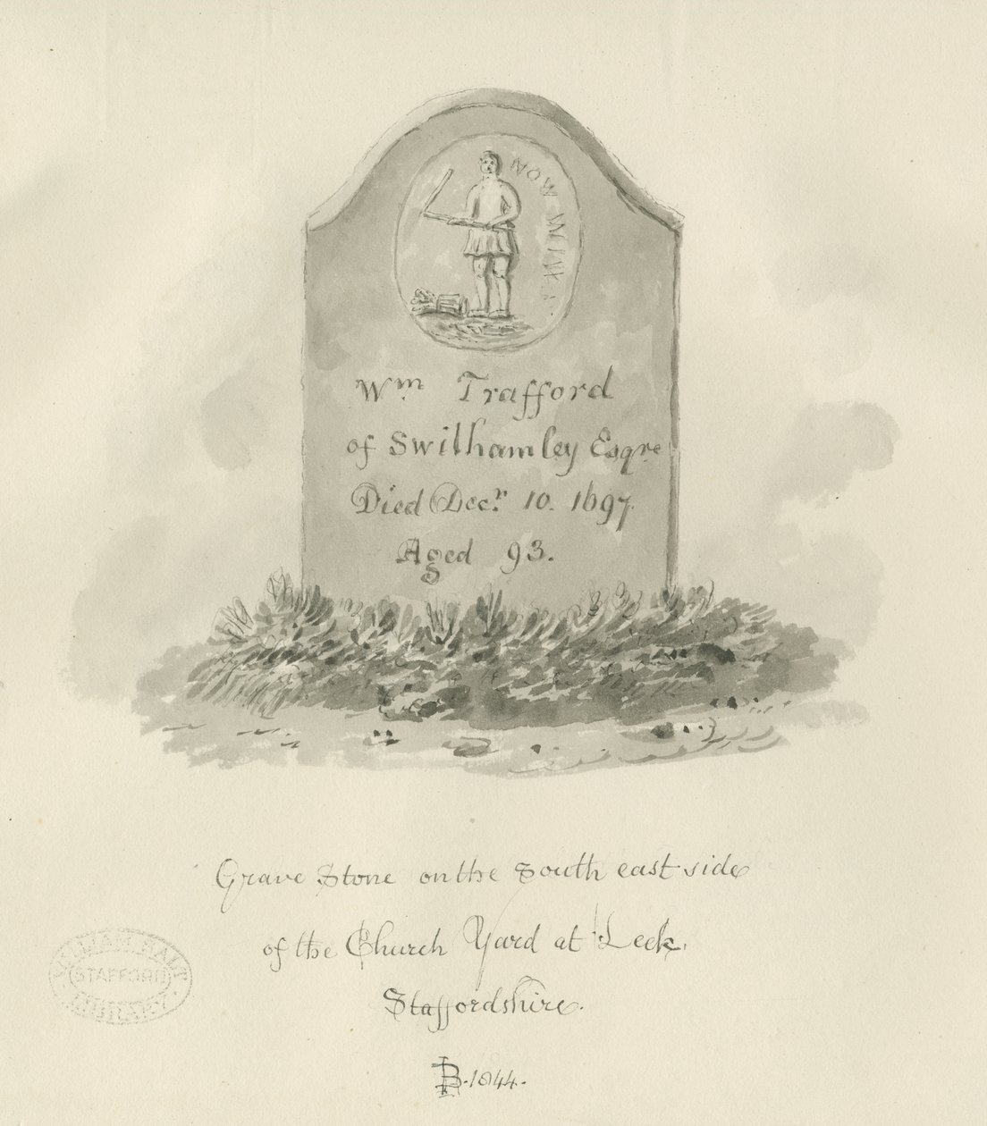 Leek Kerk - Grafsteen: sepia tekening door John Buckler