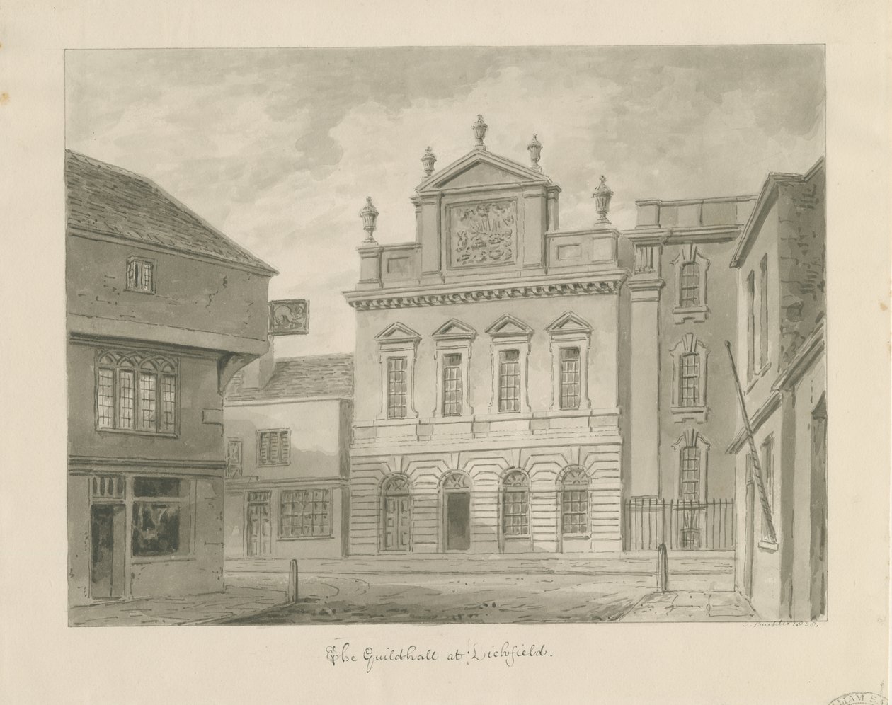 Lichfield - Gildehuis: sepia tekening door John Buckler