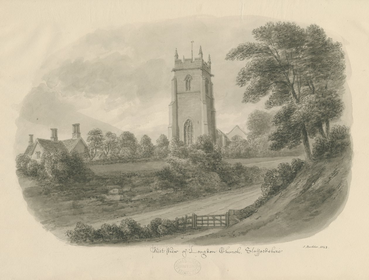 Longdon Church: sepia tekening door John Buckler