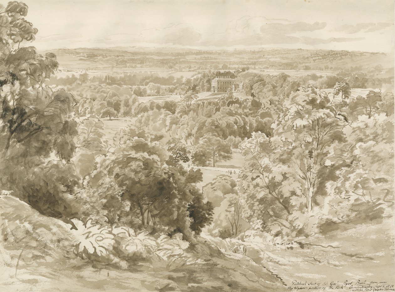 Patshull House en Park: sepia wassing tekening door John Buckler
