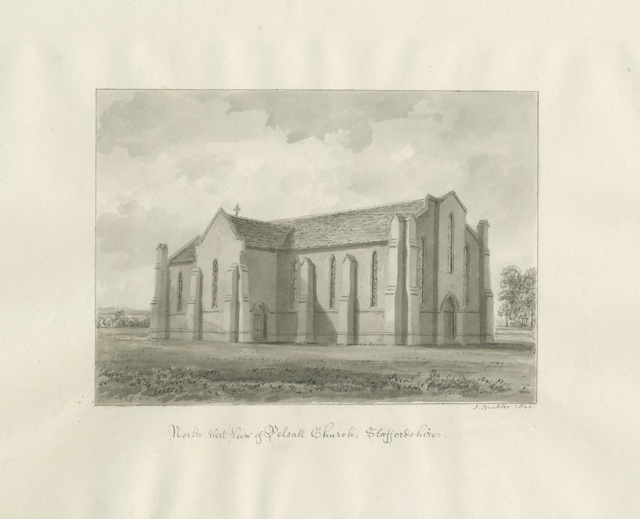 Pelsall Kerk: sepia tekening door John Buckler