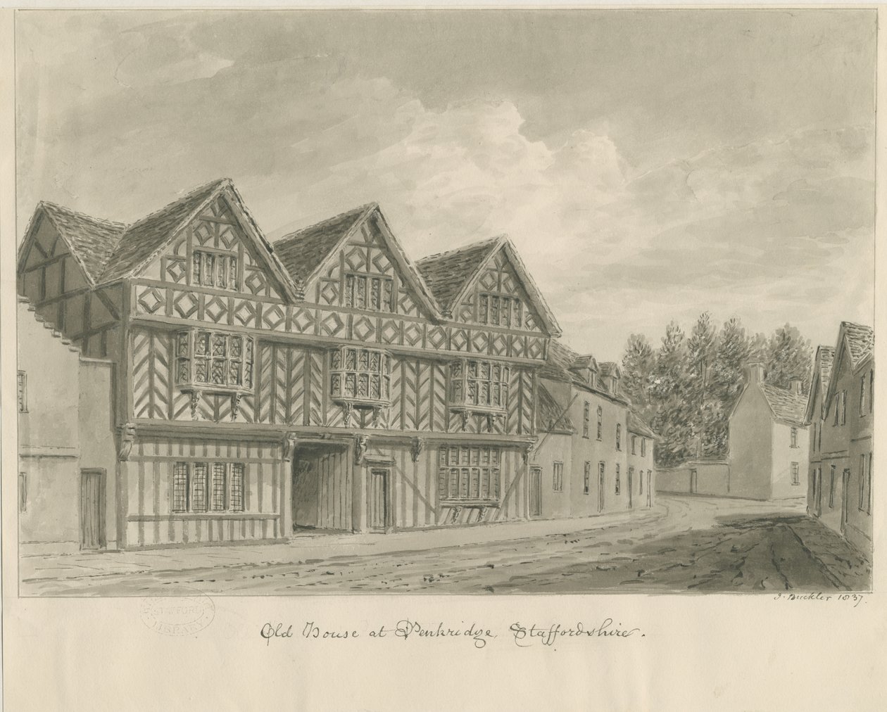 Penkridge Stad - Oud Huis: sepia tekening door John Buckler