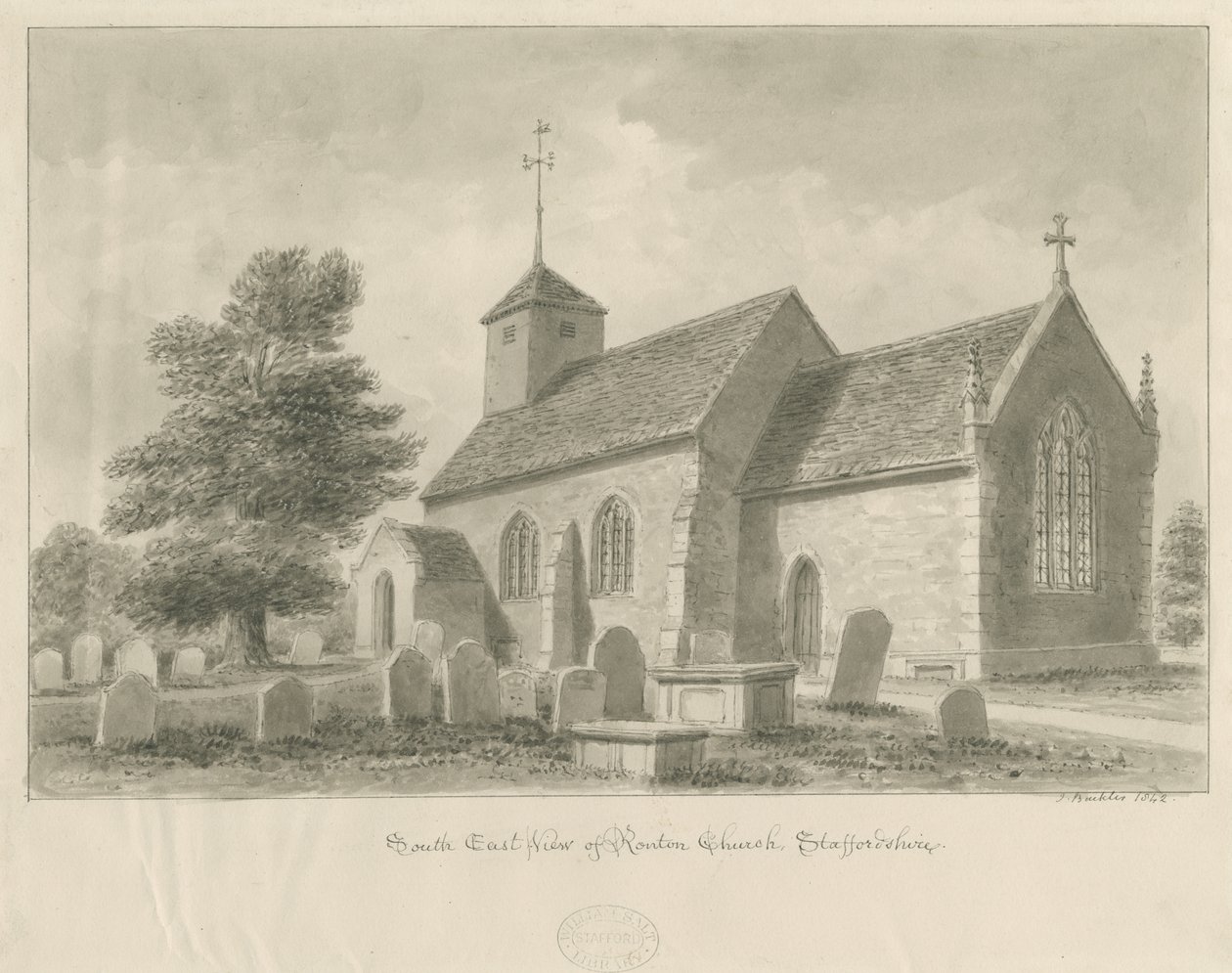 Ranton Kerk: sepia tekening, 1842 door John Buckler