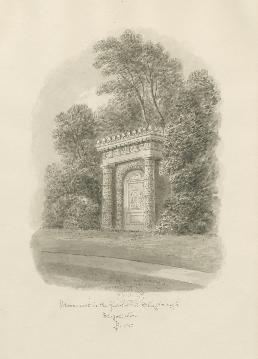 Shugborough - Monument: sepia tekening door John Buckler