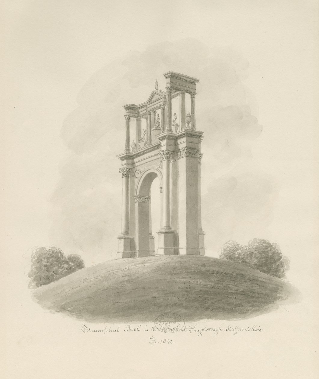 Shugborough - Triomfboog: sepia tekening door John Buckler