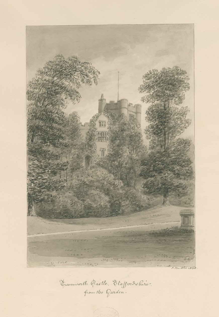 Tamworth Kasteel: sepia wassing tekening door John Buckler