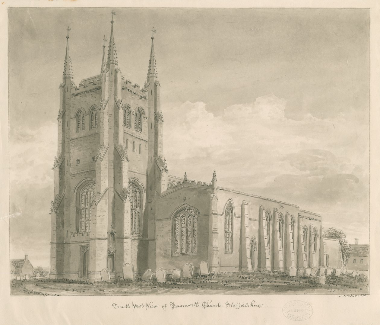 Tamworth Kerk: sepia tekening door John Buckler