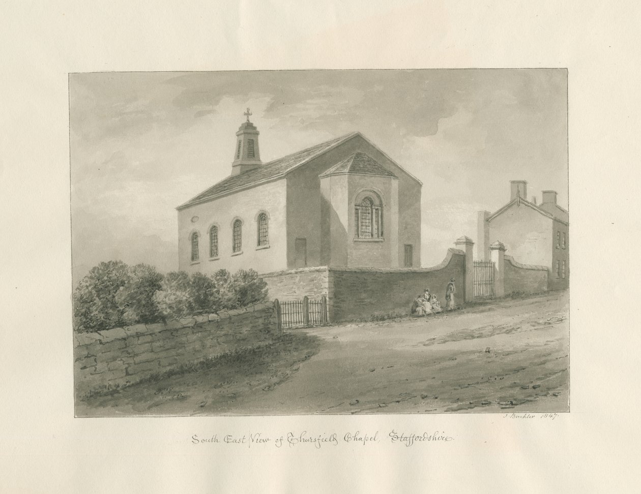 Thursfield Kapel: sepia wassing tekening door John Buckler