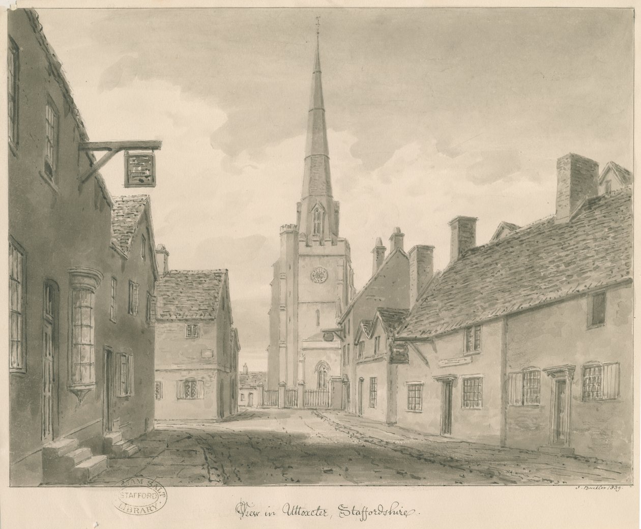 Uttoxeter Stad - Straatbeeld: sepia tekening door John Buckler