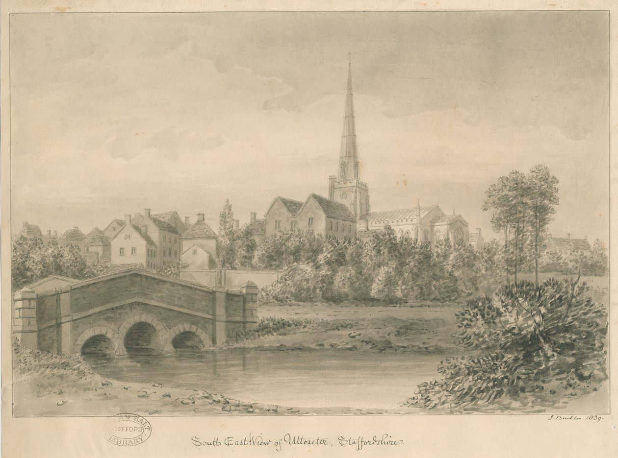 Uttoxeter Stad: sepia wassing tekening, 1839 door John Buckler