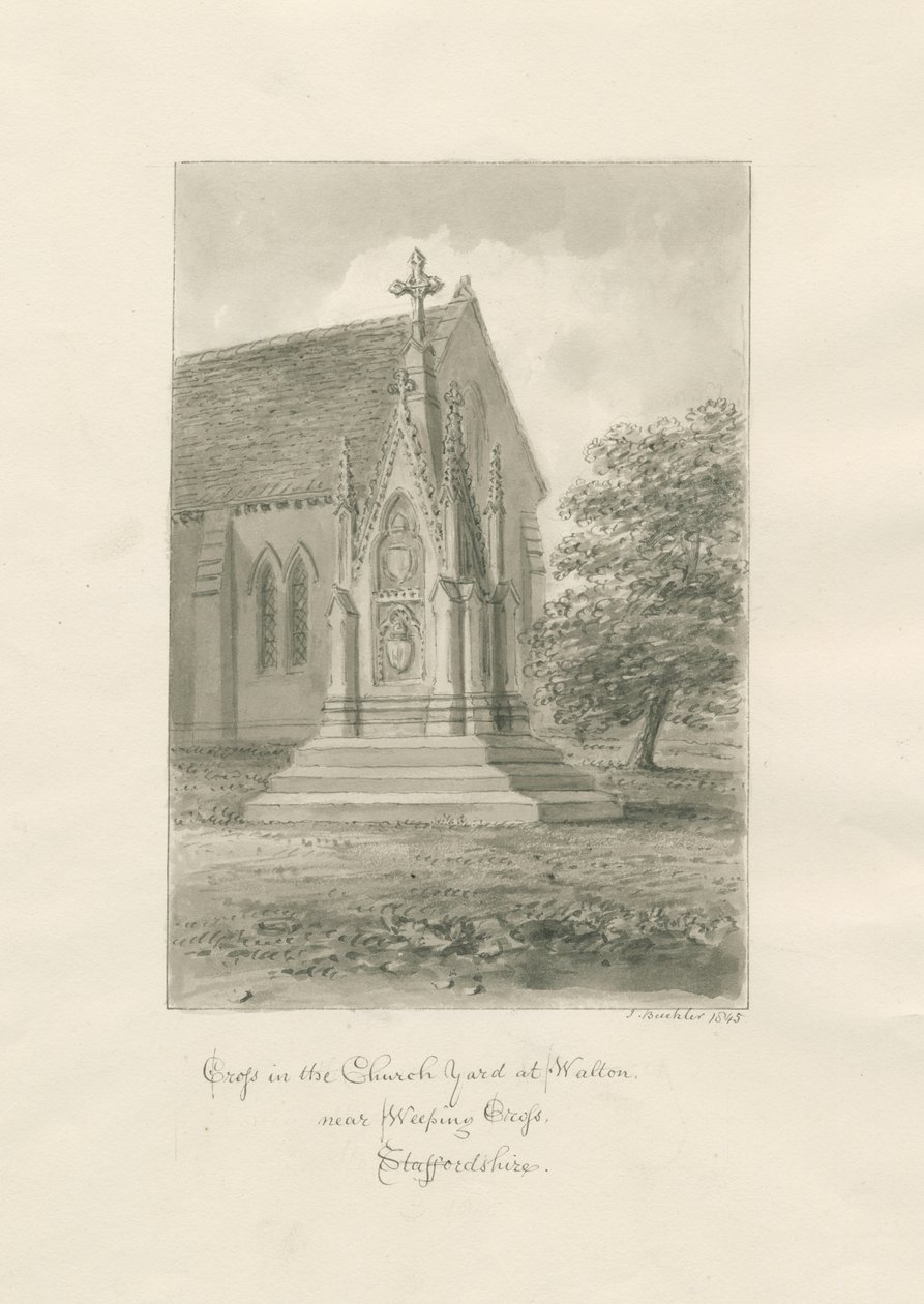 Walton-on-the-Hill Church - Kerkhofkruis: sepia tekening door John Buckler