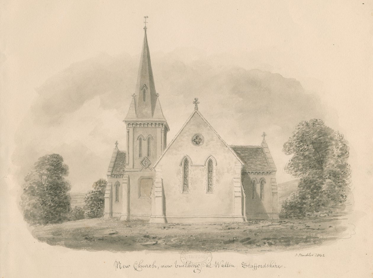 Walton-on-the-Hill Kerk: sepia tekening, 1842 door John Buckler