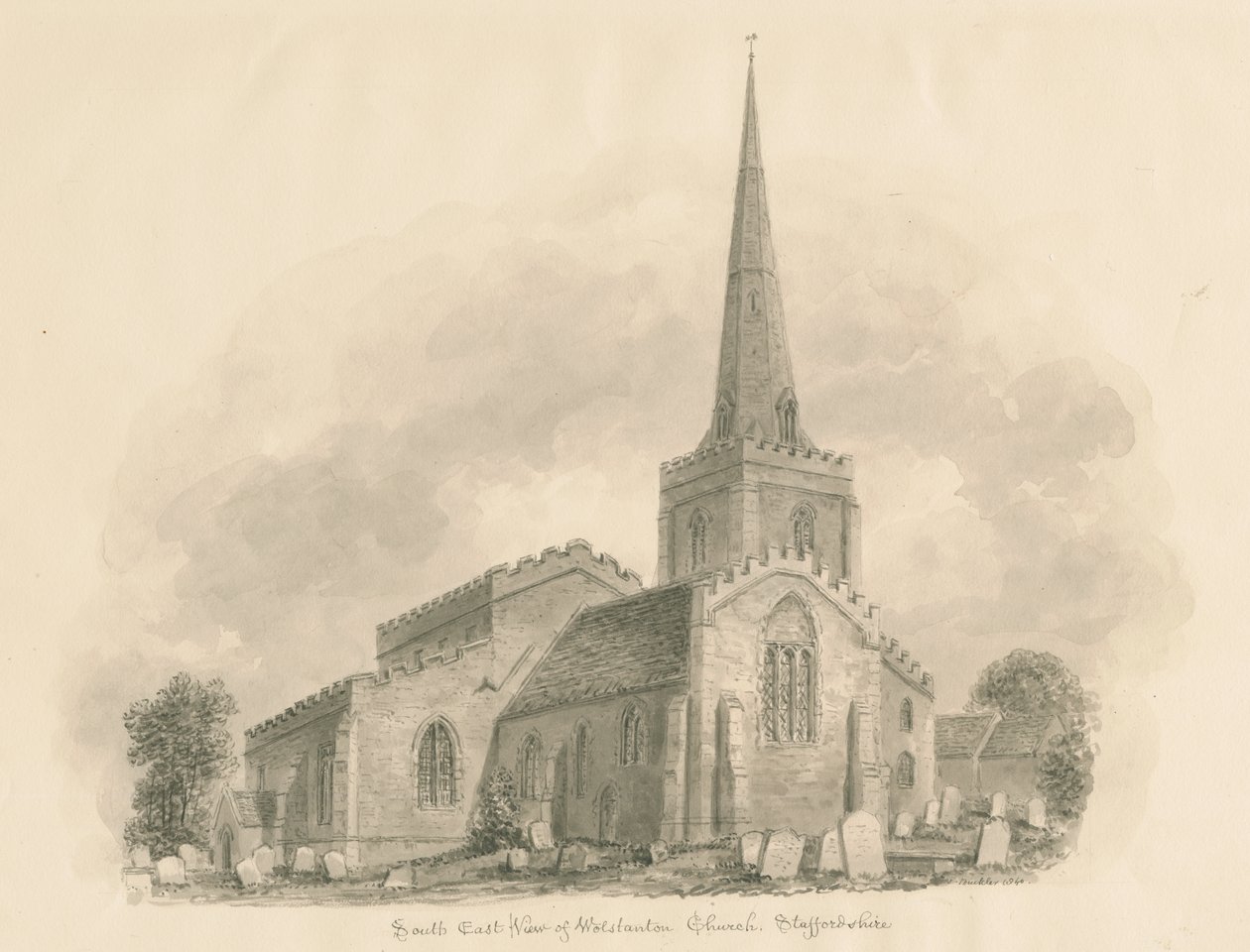 Wolstanton Kerk: sepia tekening door John Buckler