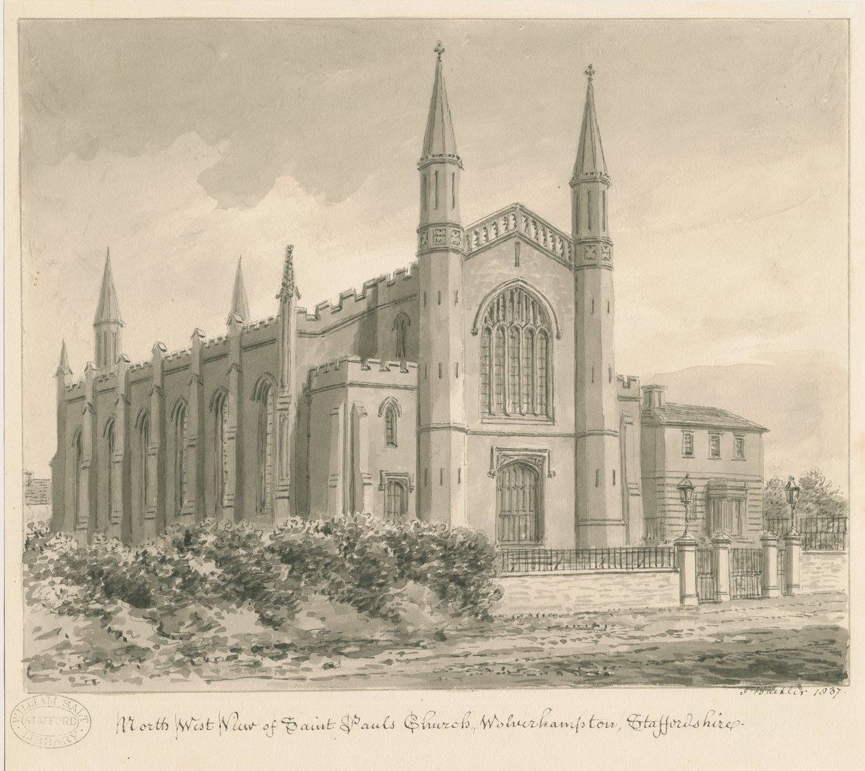 Wolverhampton - Sint-Pauluskerk: sepia tekening door John Buckler