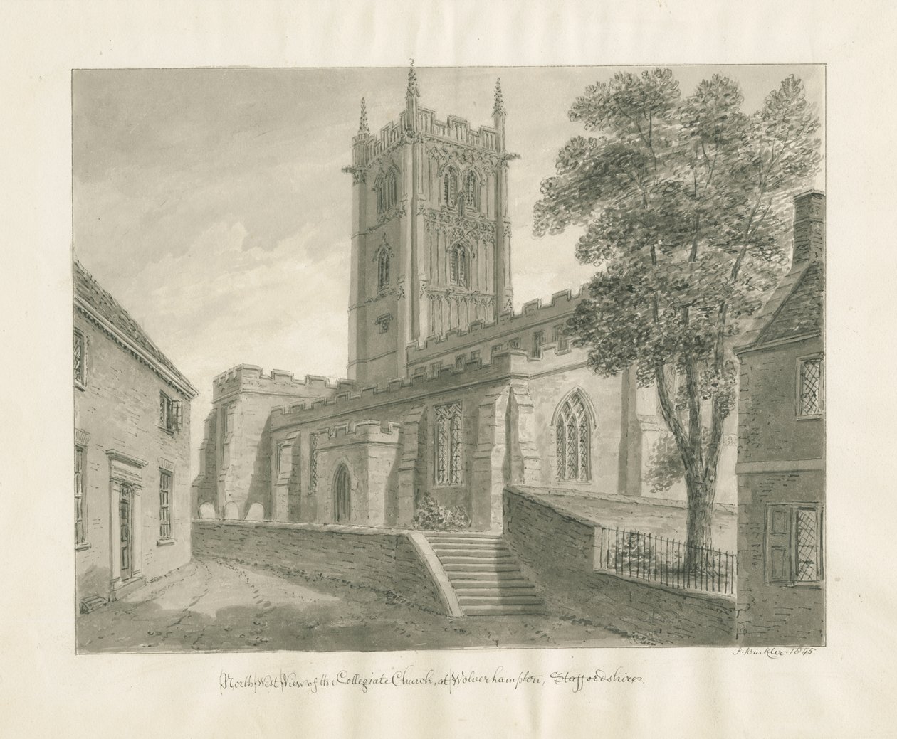 Wolverhampton - Sint-Pieterskerk: sepia tekening door John Buckler