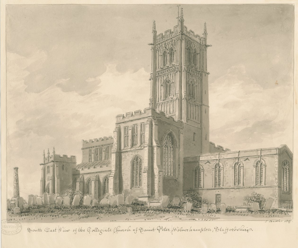 Wolverhampton - Sint-Pieterskerk: sepia tekening door John Buckler